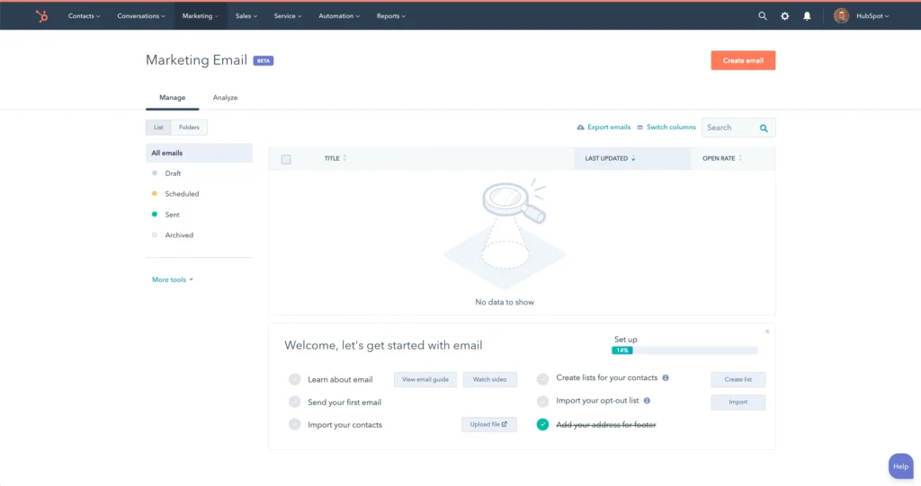HubSpot CRM contact record and marketing email interface