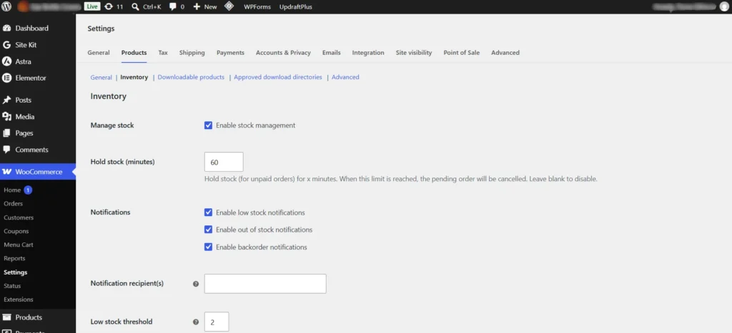 Enable stock management in WooCommerce inventory settings